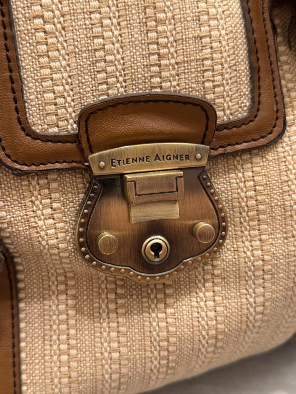 Etienne Aigner Woven Straw Leather Satchel Bag Tan Vintage Coastal - Picture 3 of 16